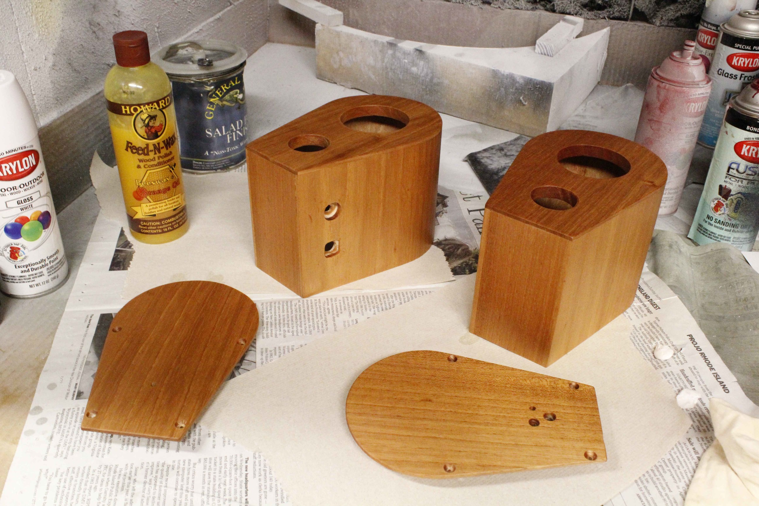  After receiving the parts, I drilled the necessary holes and coated the cabinets with beeswax. 







