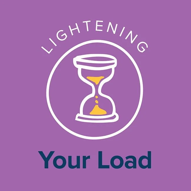 A purple background with a white outlined hourglass with yellow sand in the center. The words "LIGHTENING" circled above the hourglass and "Your Load" written below in bold blue text.