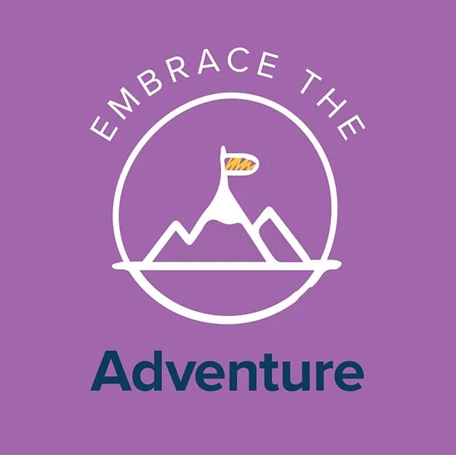 A stylized mountain landscape with a mountain that has a yellow flag, all inside a circle, on a purple background. logo with the words "Embrace the Adventure" - One of Splash Paediatric Therapy Values.