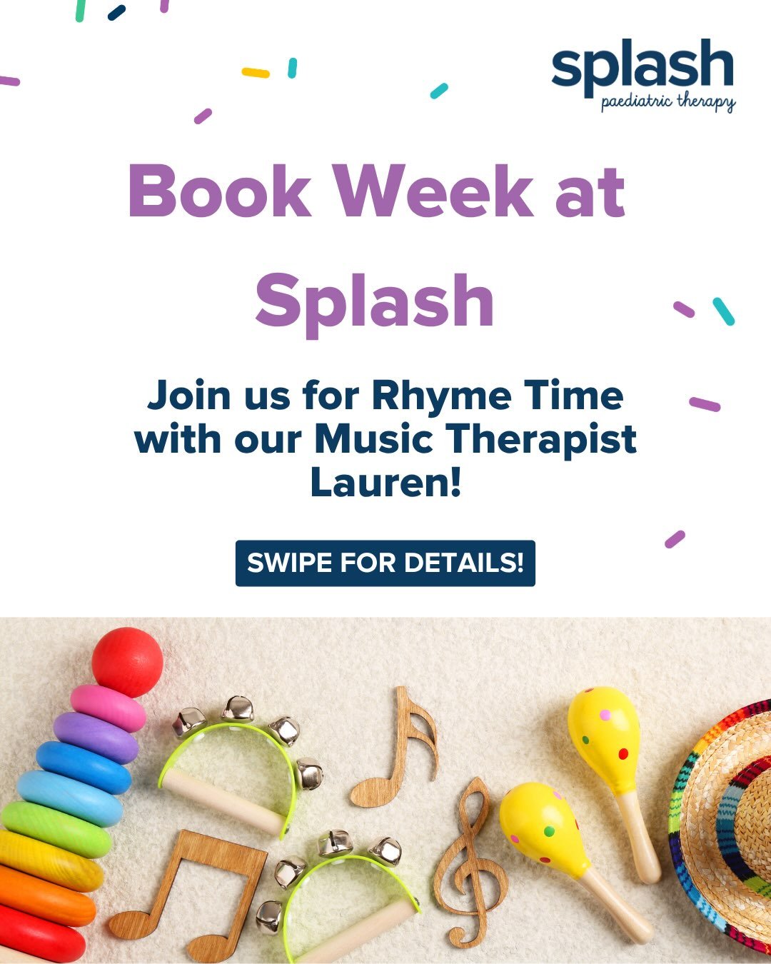 Celebrate Book Week with Splash! 🥳📖

🎶 Join us for rhyme time with our Music Therapist, Lauren! 🥁

Werribee clinic - Monday 24th August 12pm - 12:30pm
Moonee Ponds Clinic - Thursday 27th August 12pm - 12:30pm

This free event is part of Splash Th