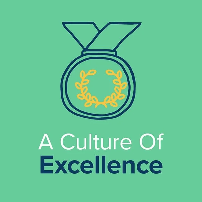Outline of a gold medal with a blue ribbon and a laurel wreath inside, and the text "A Culture Of Excellence" - One of Splash Paediatric Therapy Values.