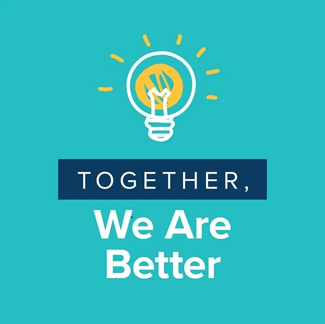A graphic with a lightbulb icon on a blue background, and the text 'Together, We Are Better'  - One of Splash Paediatric Therapy Values.