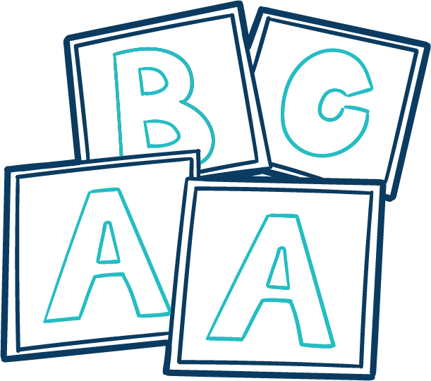 Alphabet blocks with letters A, B, and C showing Literacy Development for Children’s occupational therapy Melbourne.