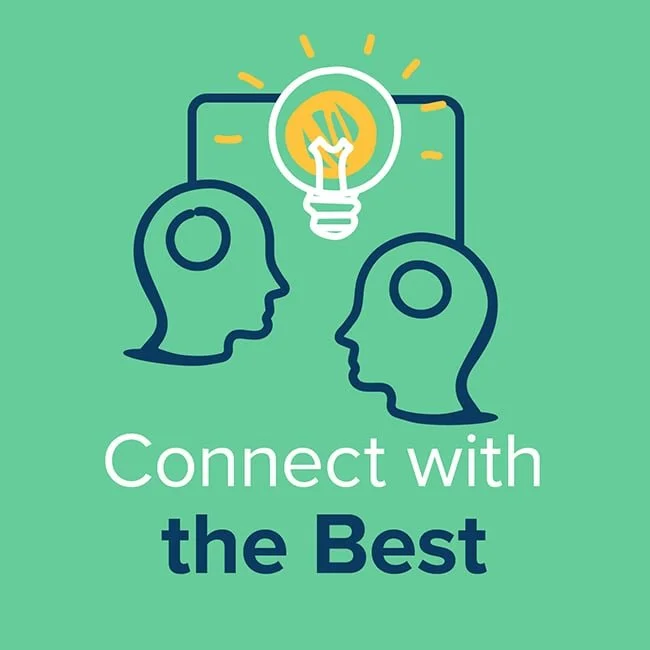 Two outlined human profiles with a lightbulb above them, against a green background. 'Connect with the Best'  at Splash Paediatric Therapy Melbourne.