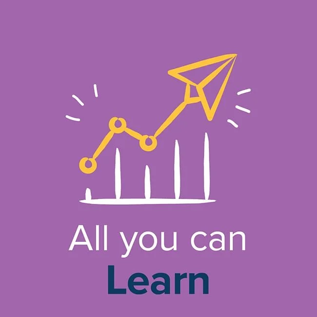 Purple background with a white bar graph and a yellow upward arrow. 'All you can Learn'  with regular in-house PD days  at Splash Paediatric Therapy Melbourne.