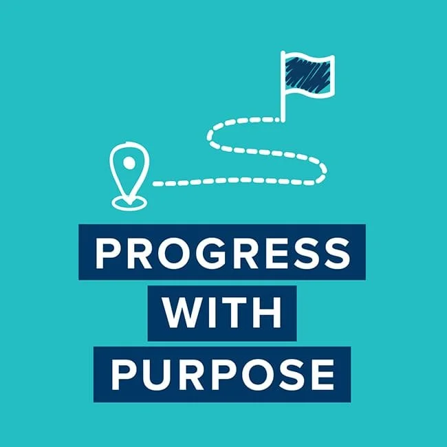 Illustration of a dotted path leading to a flag, with the words 'Progress with Purpose'. One of Splash Paediatric Therapy Values.