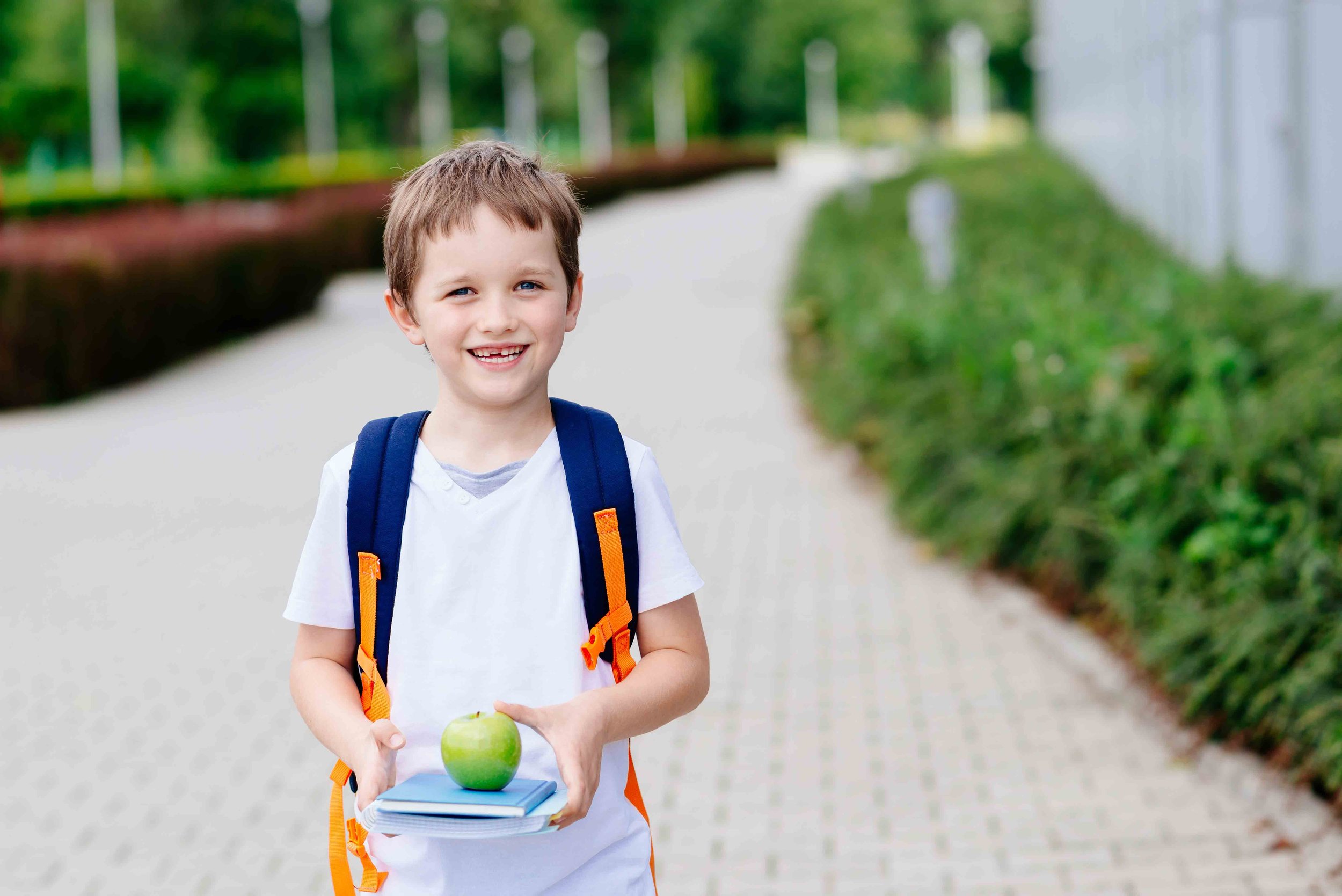 A smiling young boy with brown hair and blue eyes standing outdoors on a paved path, carrying a blue backpack, green apple, and blue books.