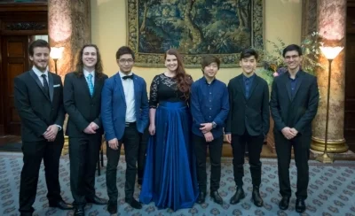 AMF Awardees at the Prize Winners' Celebration, Australia House, November 2016. L to R: James Yan, Daniel Mullaney, James Guan, Jade Moffat, Waynne Kwon, Justin Sun, Jesse Flowers