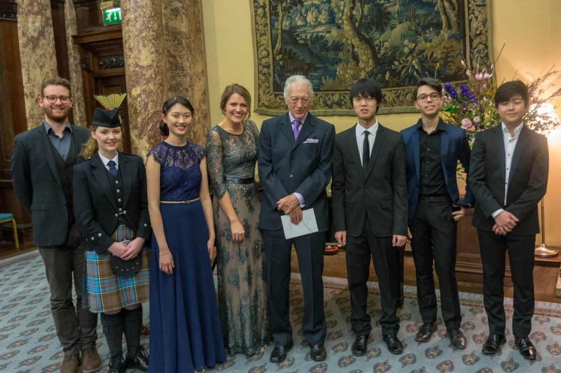 Matan Franco, Eilidh Young, Victoria Wong, Samantha Clarke, Richard Bonynge (Life President), Oscar Jiang, Connor D'Netto and Waynne Kwon at the AMF spring Showcase, Australia House, March 2018