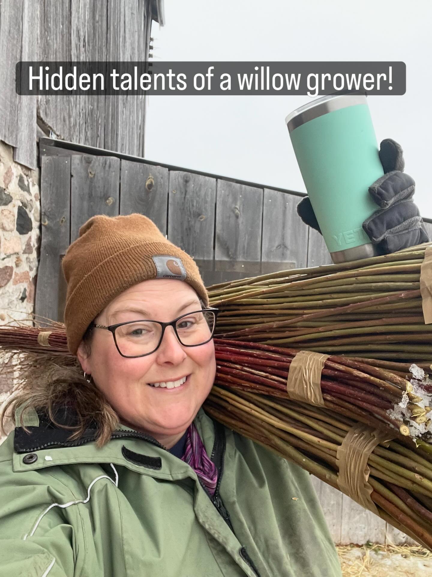 Did you know that Willow growers/weavers have this talent for using their neck, legs, and tummy as an extra hand!? Also, are you really doing the thing if you aren&rsquo;t carrying bundles of Willow while also holding your coffee and taking a selfie?
