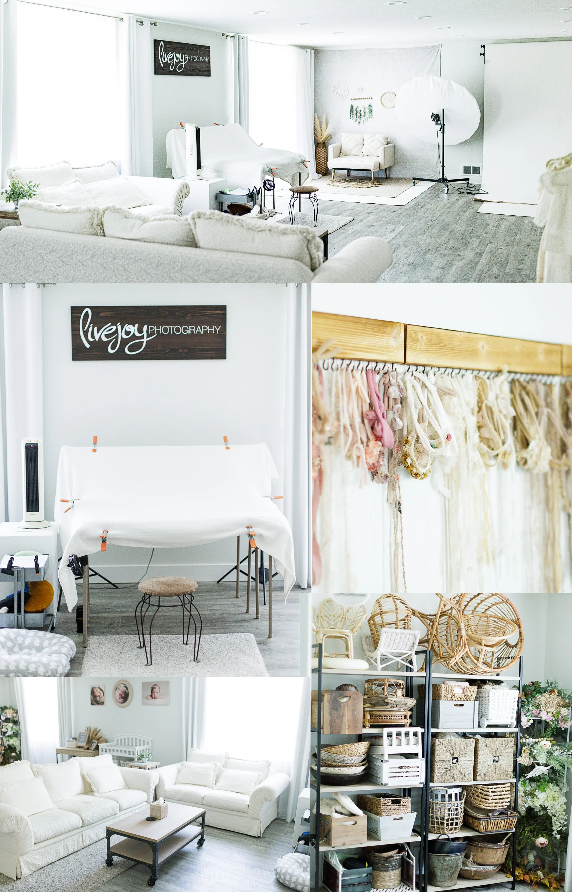 Full-service newborn photography studio in Salem Oregon showcasing props, wraps, posing table, and curated baby accessories