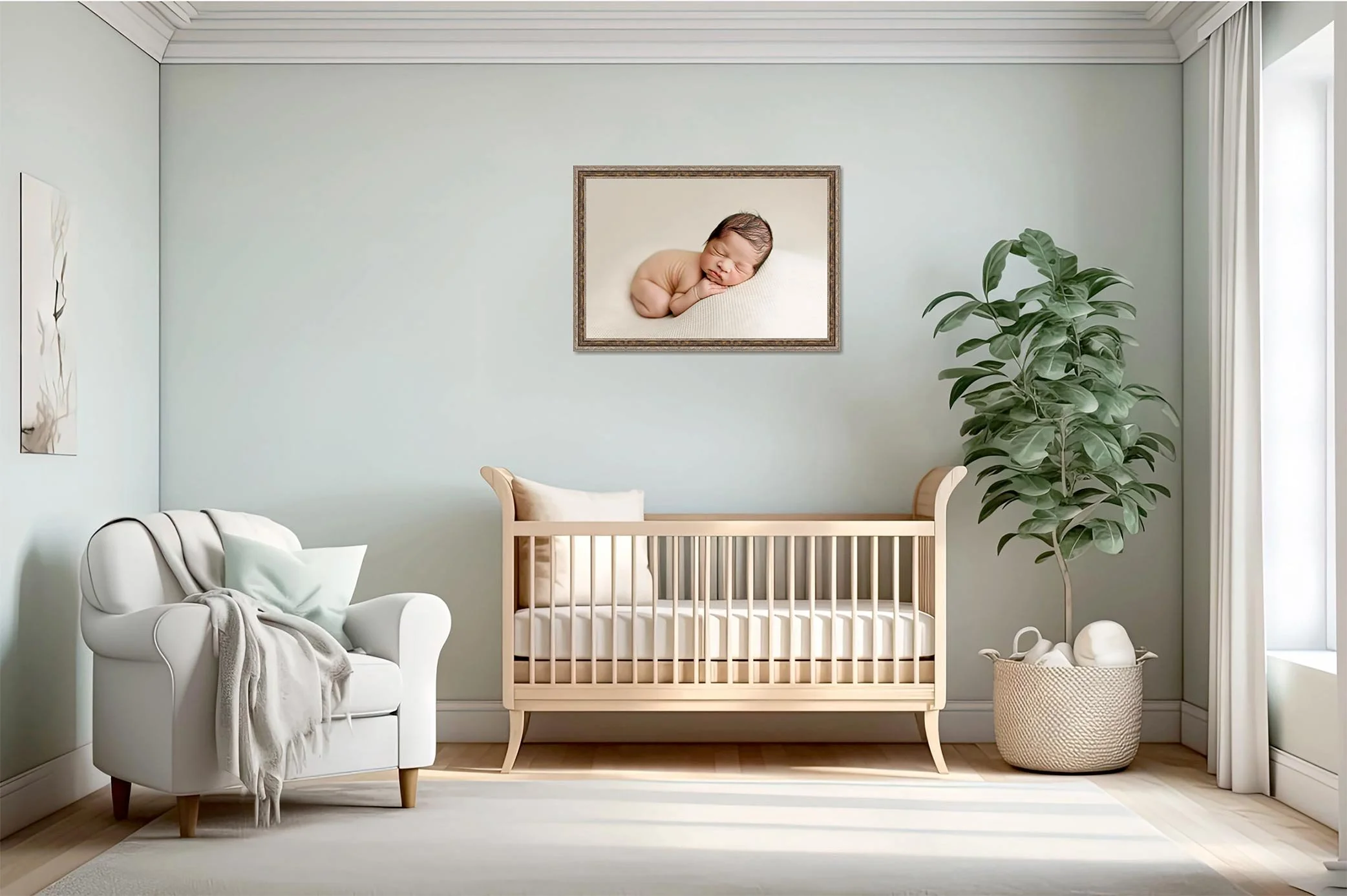 Framed newborn portrait displayed above crib in soft neutral nursery with natural light