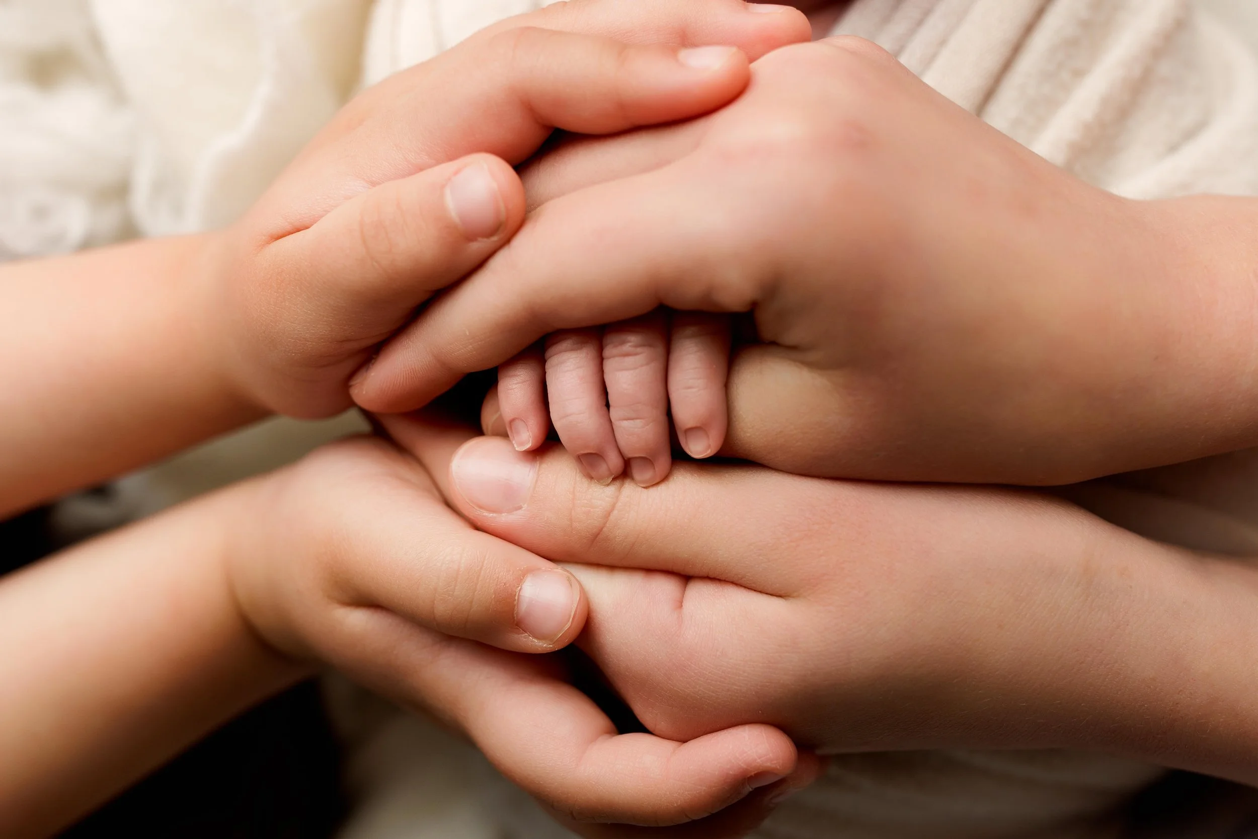 Close up detail of sibling hands gently holding newborn baby's hand during lifestyle session.