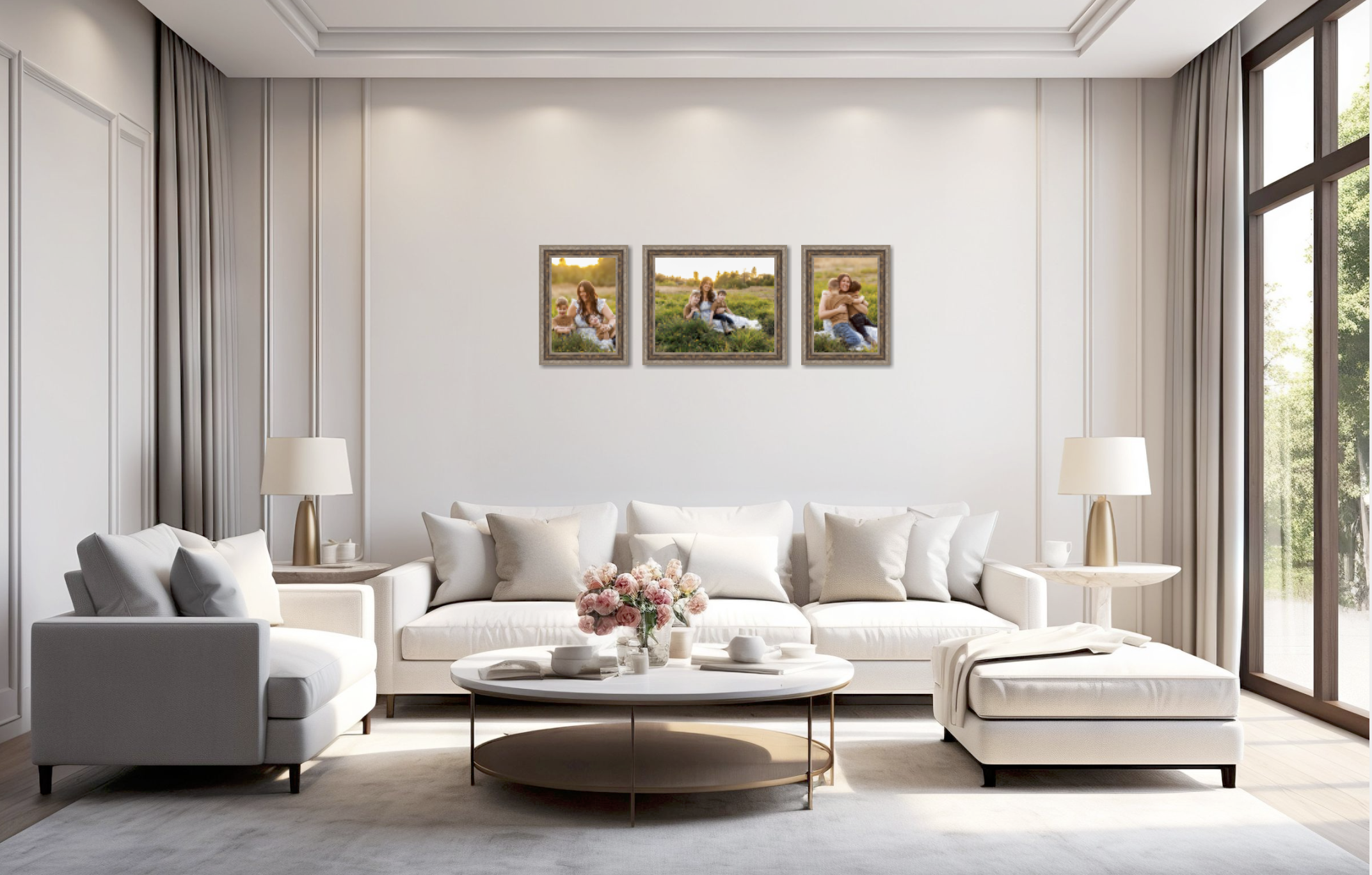 Framed family photography wall art displayed above a couch in a bright neutral living room