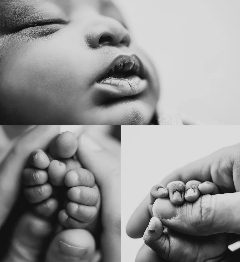 Black and white macro newborn photography showing baby lips, tiny toes, and hand holding foot, highlighting delicate newborn details
