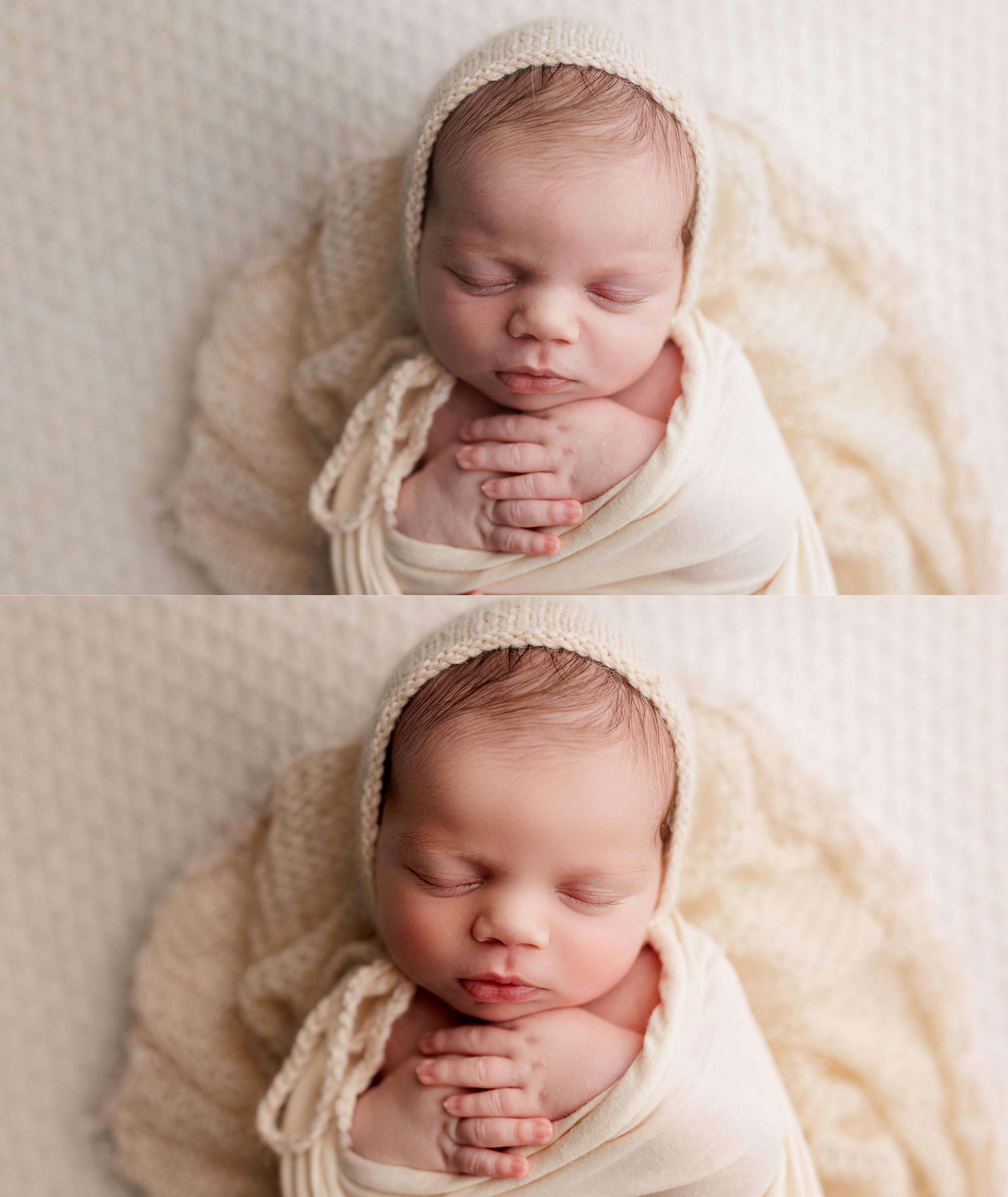 Showing a before and after edit of a newborn girl wrapped in a cream blanket with a bonnet on.
