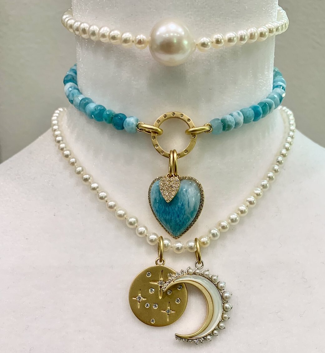 Why choose one, when you can have all three?! 
.
.
.
.
.
.
.
#chokers #pearls #gold #14k #beads #beadedjewelry #beadedchoker #larimar #larimarjewelry #pearlchoker #hearts #sterlingsilver #celestial #moons #stars #baubles #designerjewelry #jewelryaddi