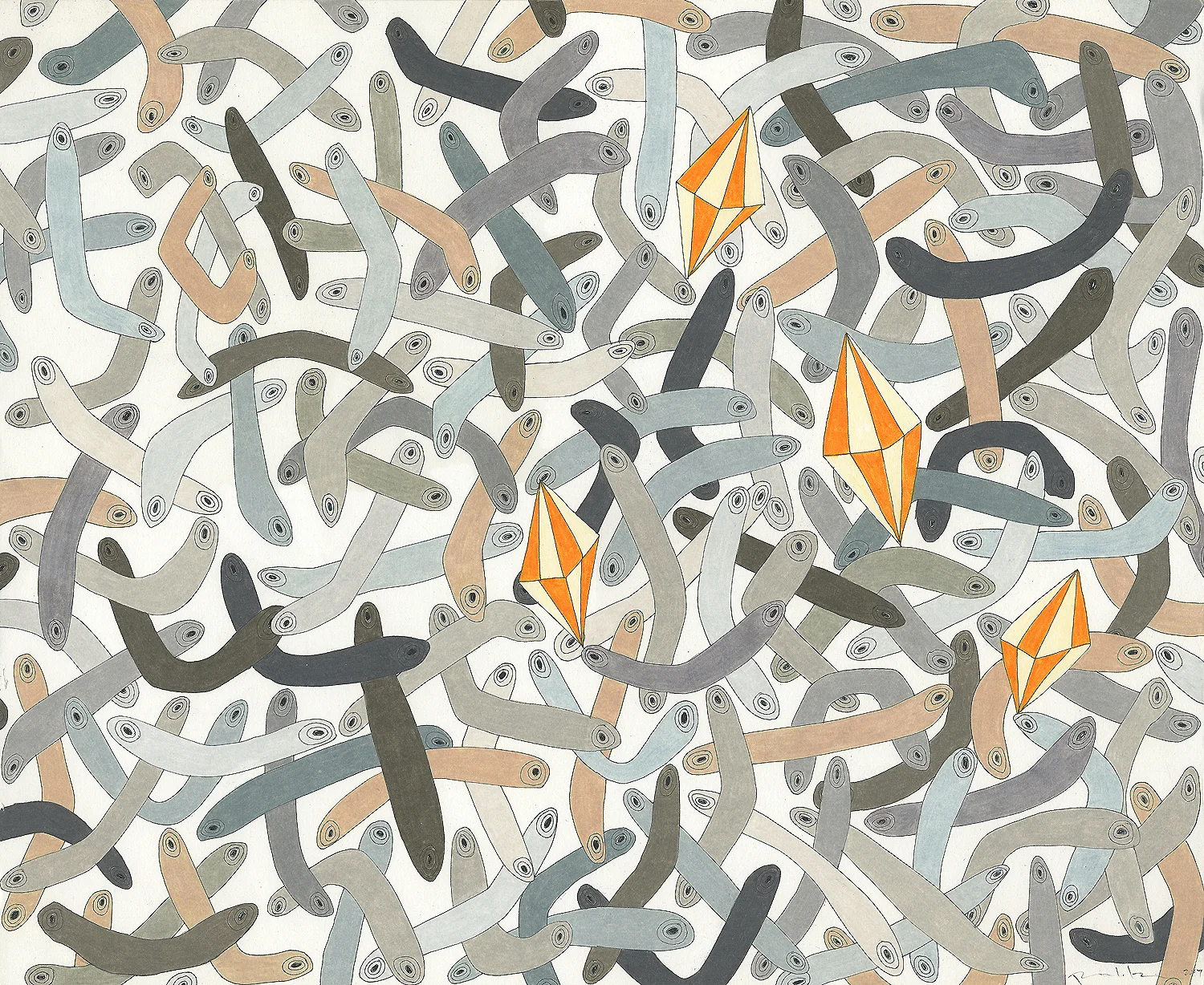 Finger Boomerangs in Grey , ink and colored pencil, 14" x 17", 2007 