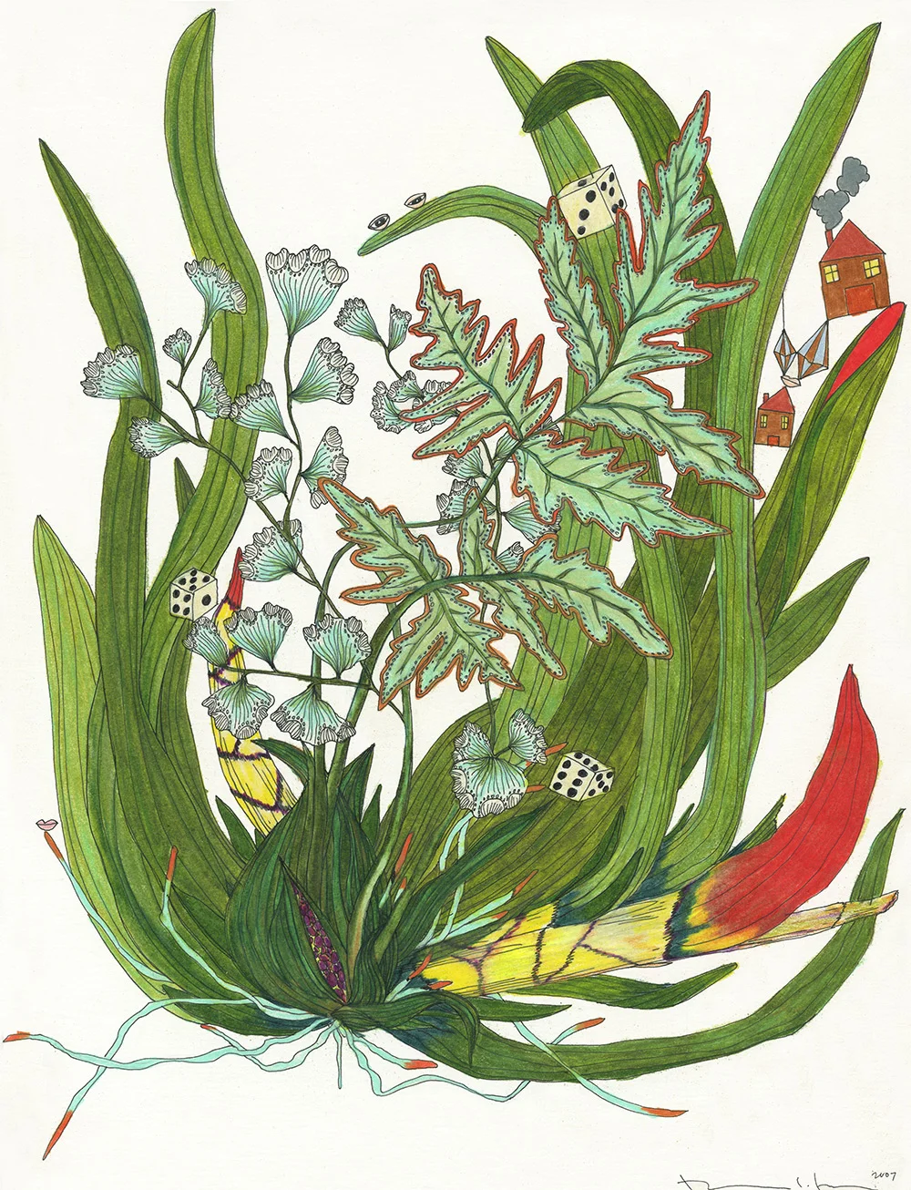 Plants and Dice , ink and colored pencil, 9" x 12", 2005 