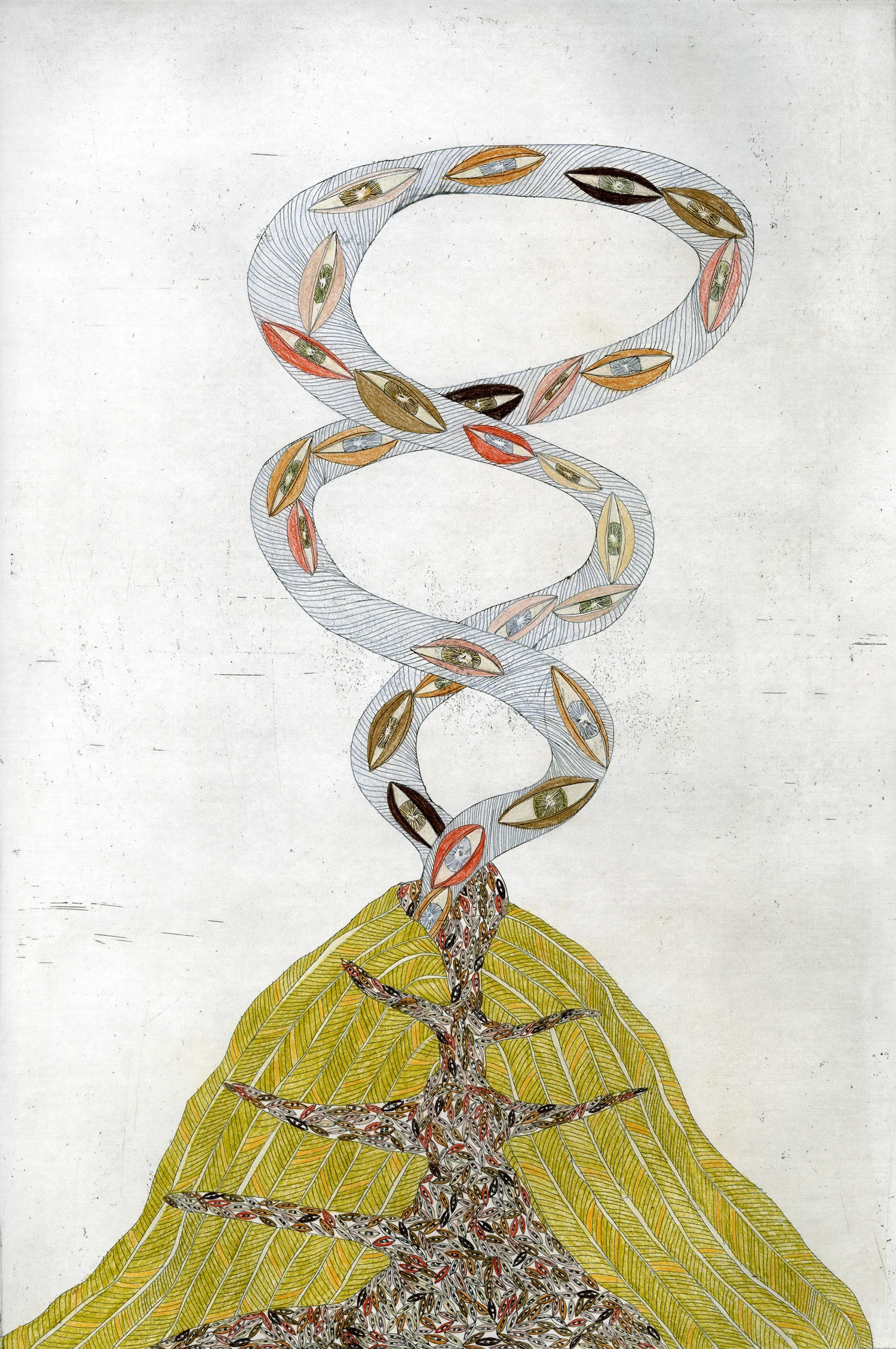 Taking in the Masses , etching and colored pencil, 12" x 18", 2010