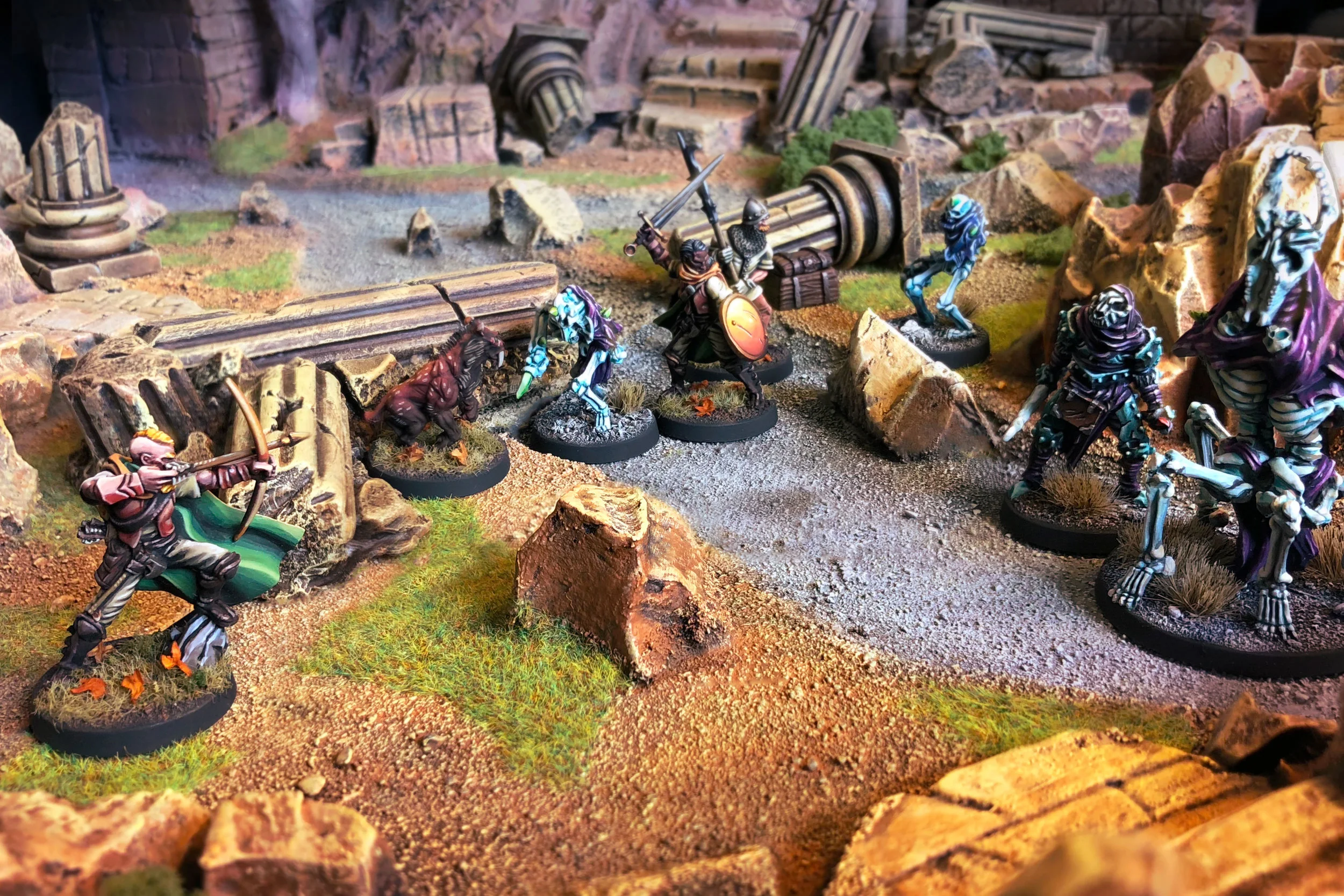 Brave agents of the Lone Guard challenge a cruel Dark Wanderer among the scattered ruins of an ancient temple.