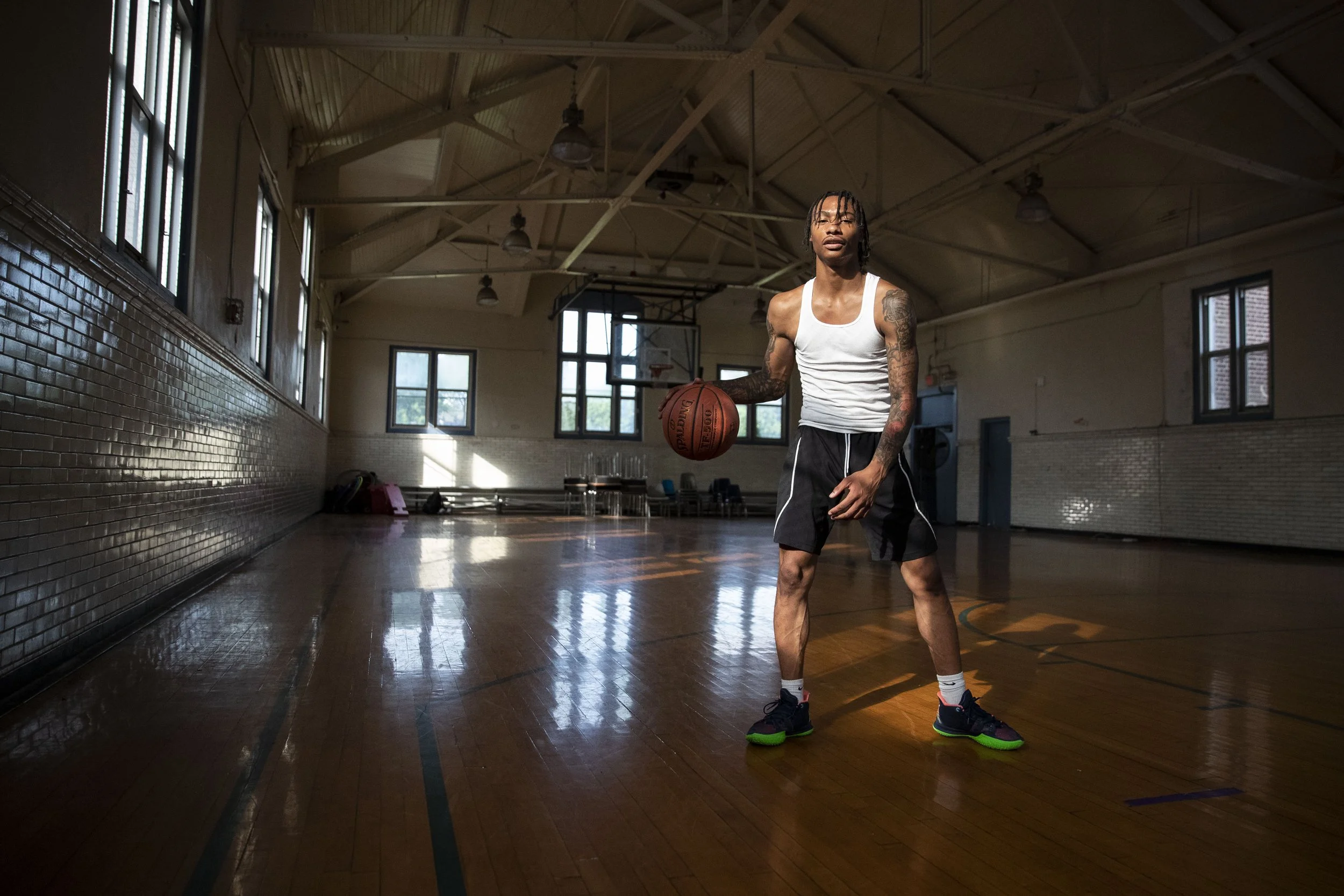  Robert Keys, 16, posed for a portrait in the gym at the Kingsessing Recreation Center in Philadelphia, Pa. on Thursday, June 10, 2021. Keys is a starter at Paul Robeson High School, and grew up playing at the Kingsessing Recreation Center. 