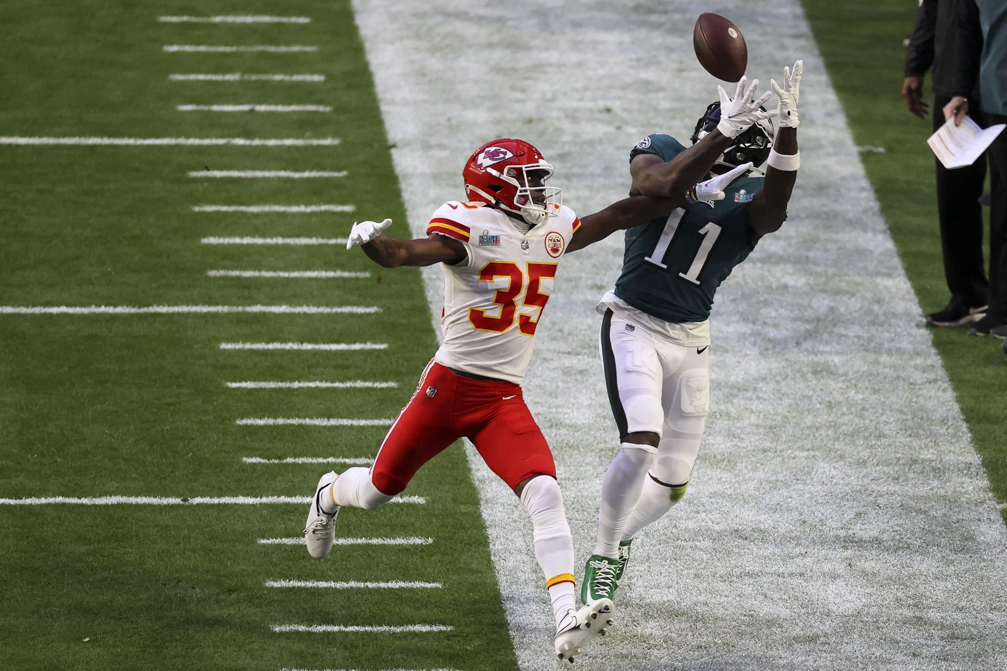  Philadelphia Eagles wide receiver A.J. Brown is out of bounds, defended by Kansas City Chiefs cornerback Jaylen Watson, in Super Bowl LVII against the Kansas City Chiefs at State Farm Stadium on Sunday, Feb. 12, 2023, in Glendale, AZ. 
