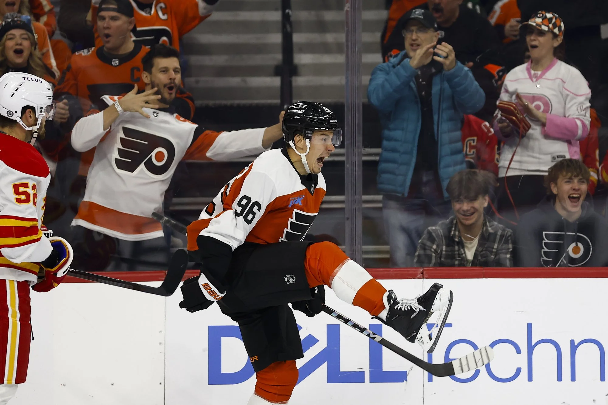  Philadelphia Flyers left wing Andrei Kuzmenko celebrates after scoring during the first period of the game against the Calgary Flames at the Wells Fargo Center on Tuesday, March 4, 2025 in Philadelphia. 