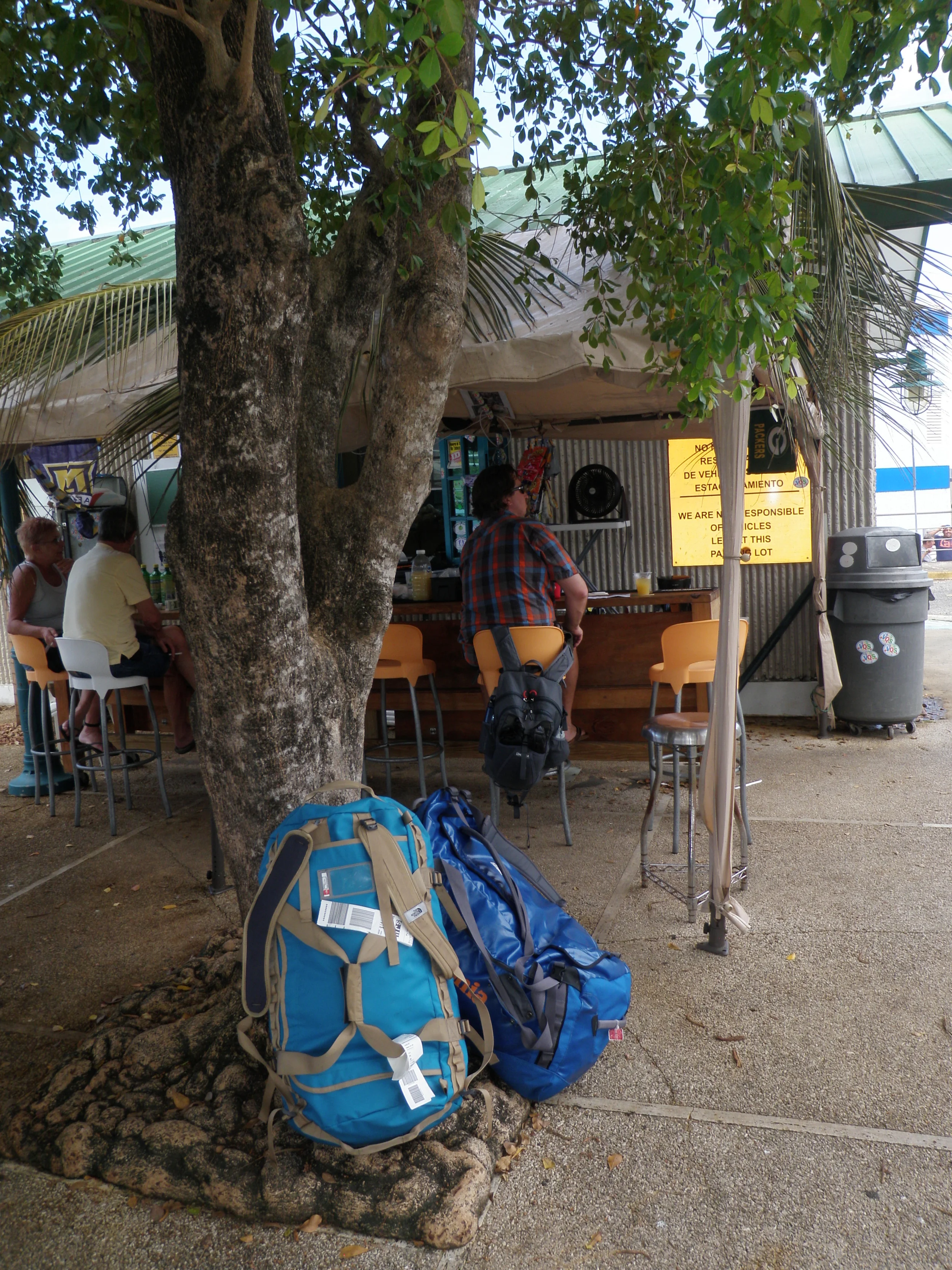 Katie’s duffel holding the tree up in Puerto Rico