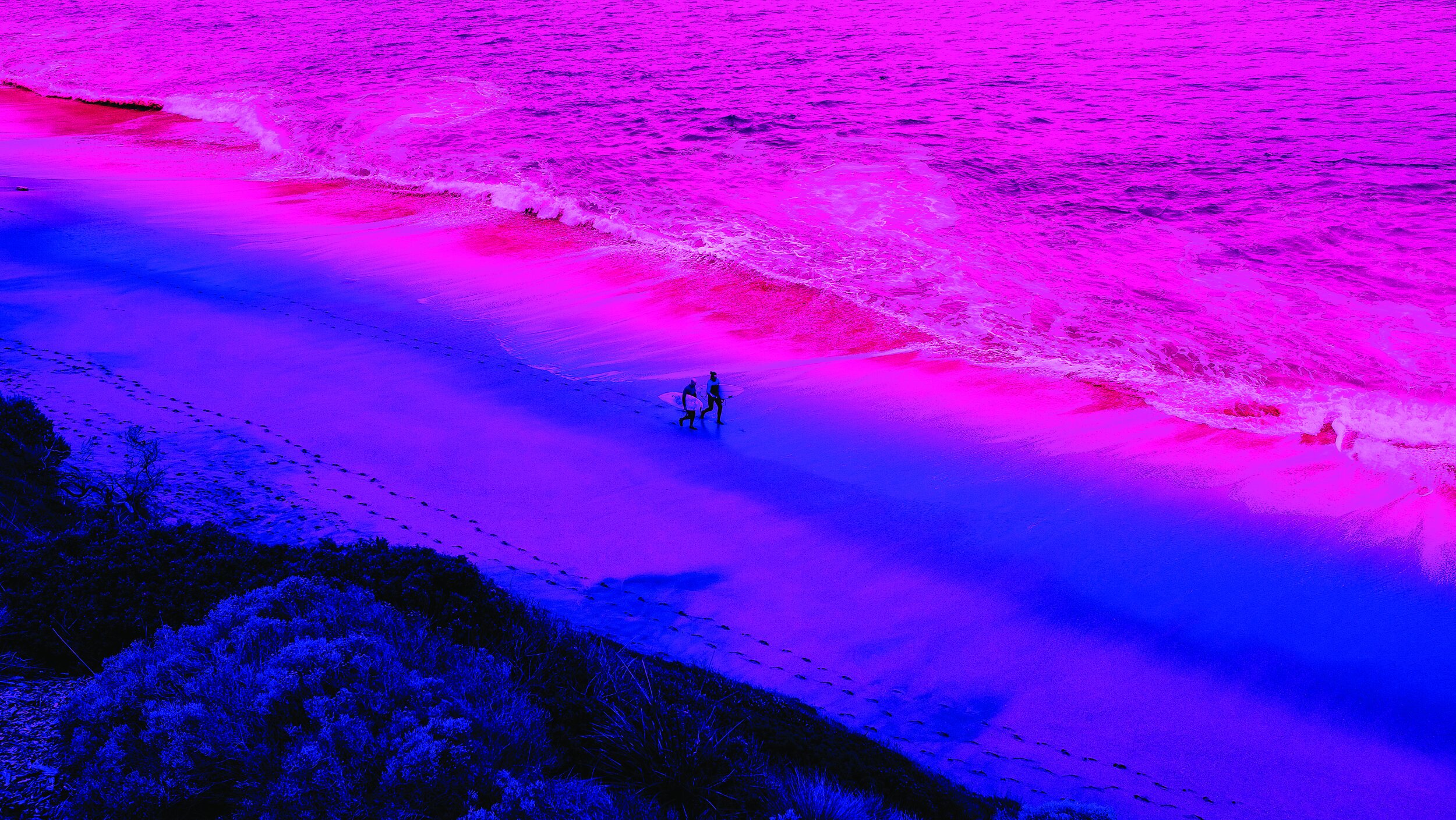  We crept to the shore and watched as two things marched. The blue sands were unperturbed by the crashing waves. The ocean no longer breaking green but a rich pink as if the sky had  bled its soul  into the water’s wake. 