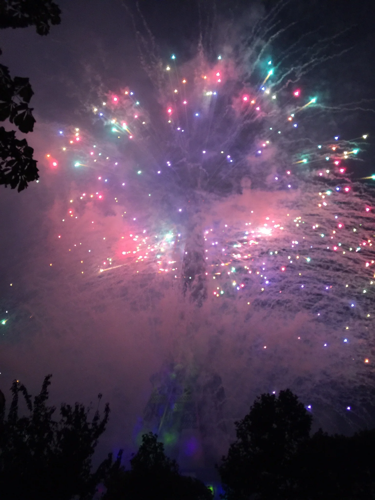 The Eiffel Tower hidden among smoke and dazzling lights