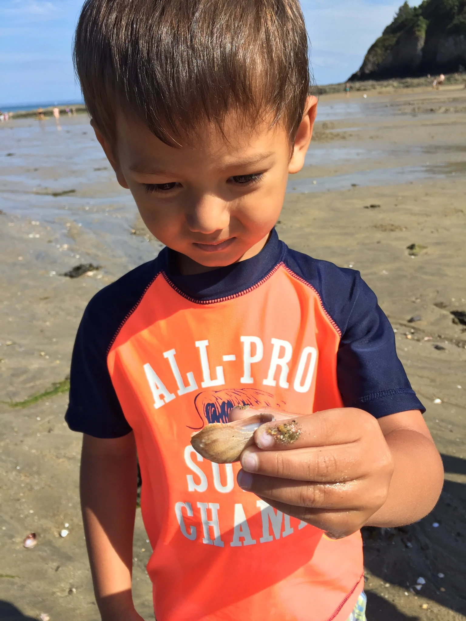 My son with a sea snail on a Breton beach