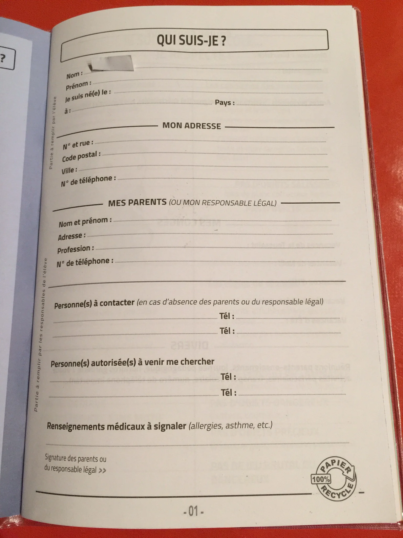 The carnet contains useful personal student info for the teacher