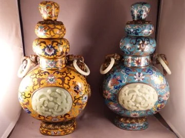 Pair of Cloisonne and Jade Moon Vases