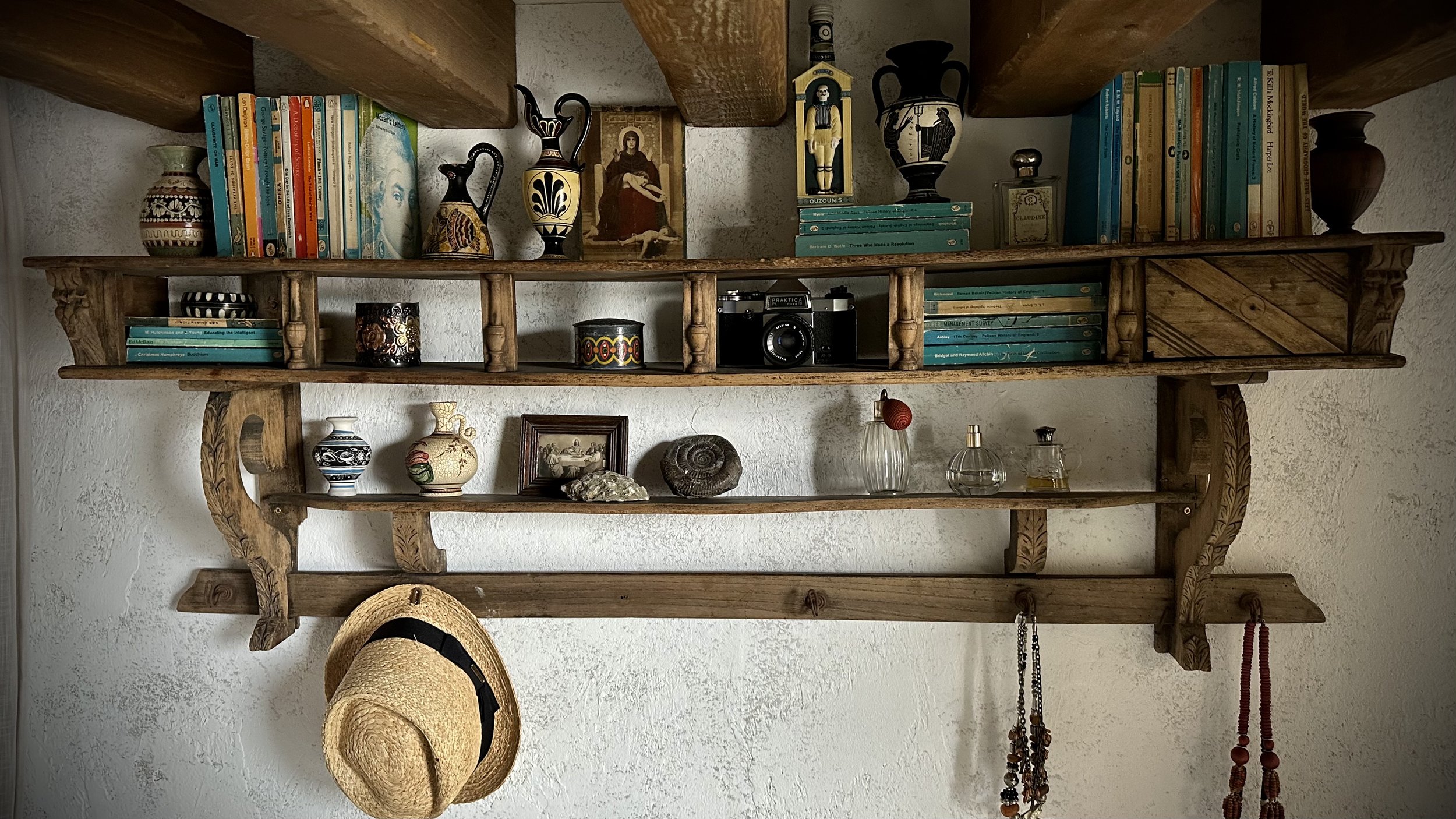 Detail of shelving above bed in 1980s Greek cottage