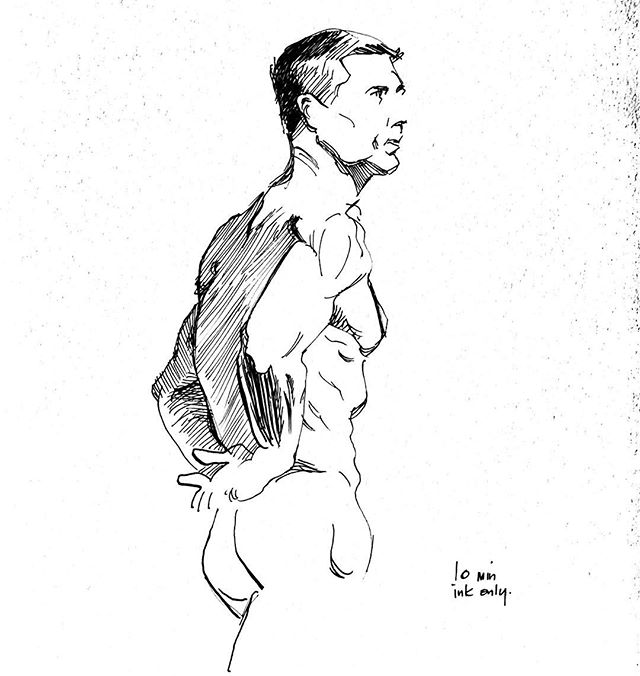 Life drawing, 10 minutes, ink only. #figuredrawing #figure #drawing #sketchbook #sketch #inking #mikebarron #drawingnewyork #brushpen #pen #lifedrawing #art #fineart #line #penandink #figure #figurativeart #inkdrawing #nudemodeldrawing #malenude #ink