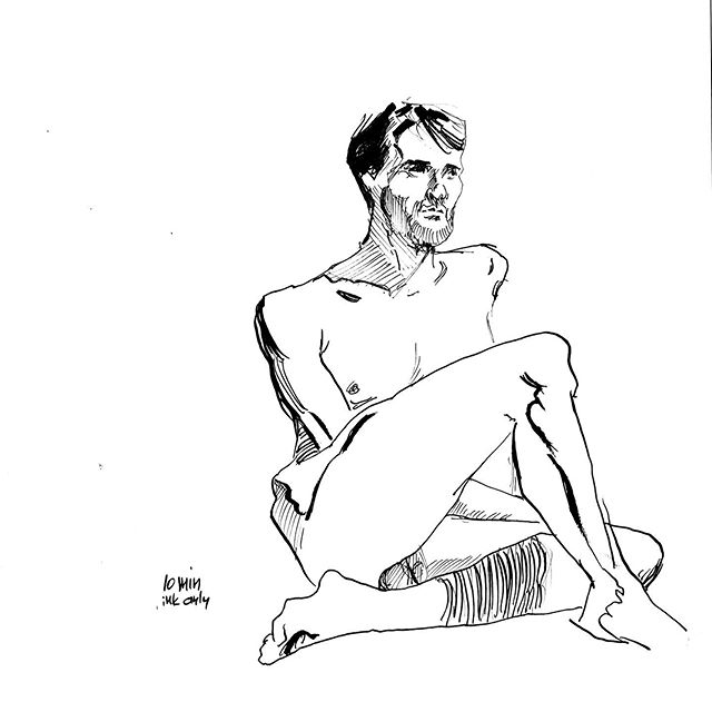 Life drawing, 10 minutes, ink only. #figuredrawing #figure #drawing #sketchbook #sketch #inking #mikebarron #drawingnewyork #brushpen #pen #lifedrawing #art #fineart #line #penandink #figure #figurativeart #inkdrawing #nudemodeldrawing #malenude #ink