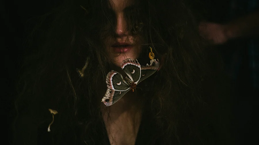 The girl with moths in her hair prepares.