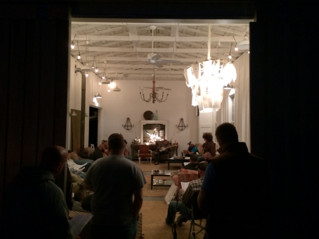 Nothing better than singing hymns in an old barn decorated by The Nester , with 35 men, accompanied by guitar, cello, banjo and mandolin.