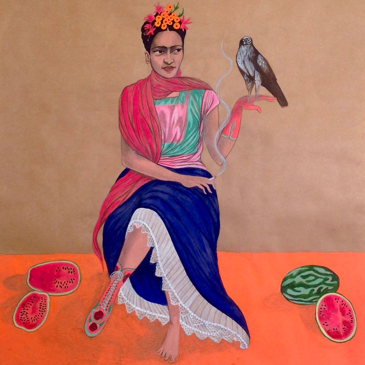 Frida Kahlo with hawk, watermelons and prosthetic leg, 2015