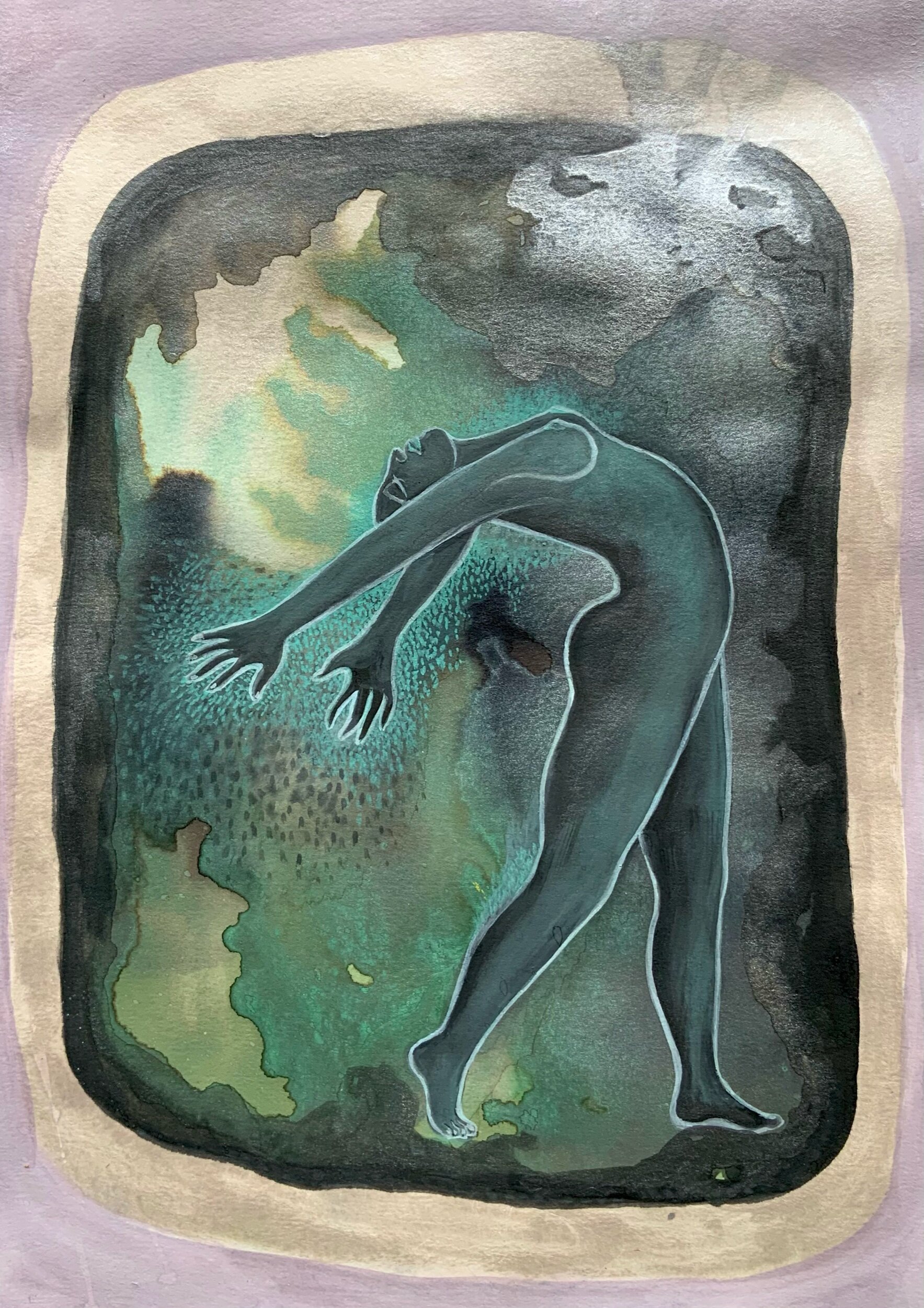   Bending over backwards , 2020  Gouache and iridescent watercolour on paper  21 x 30 cm 