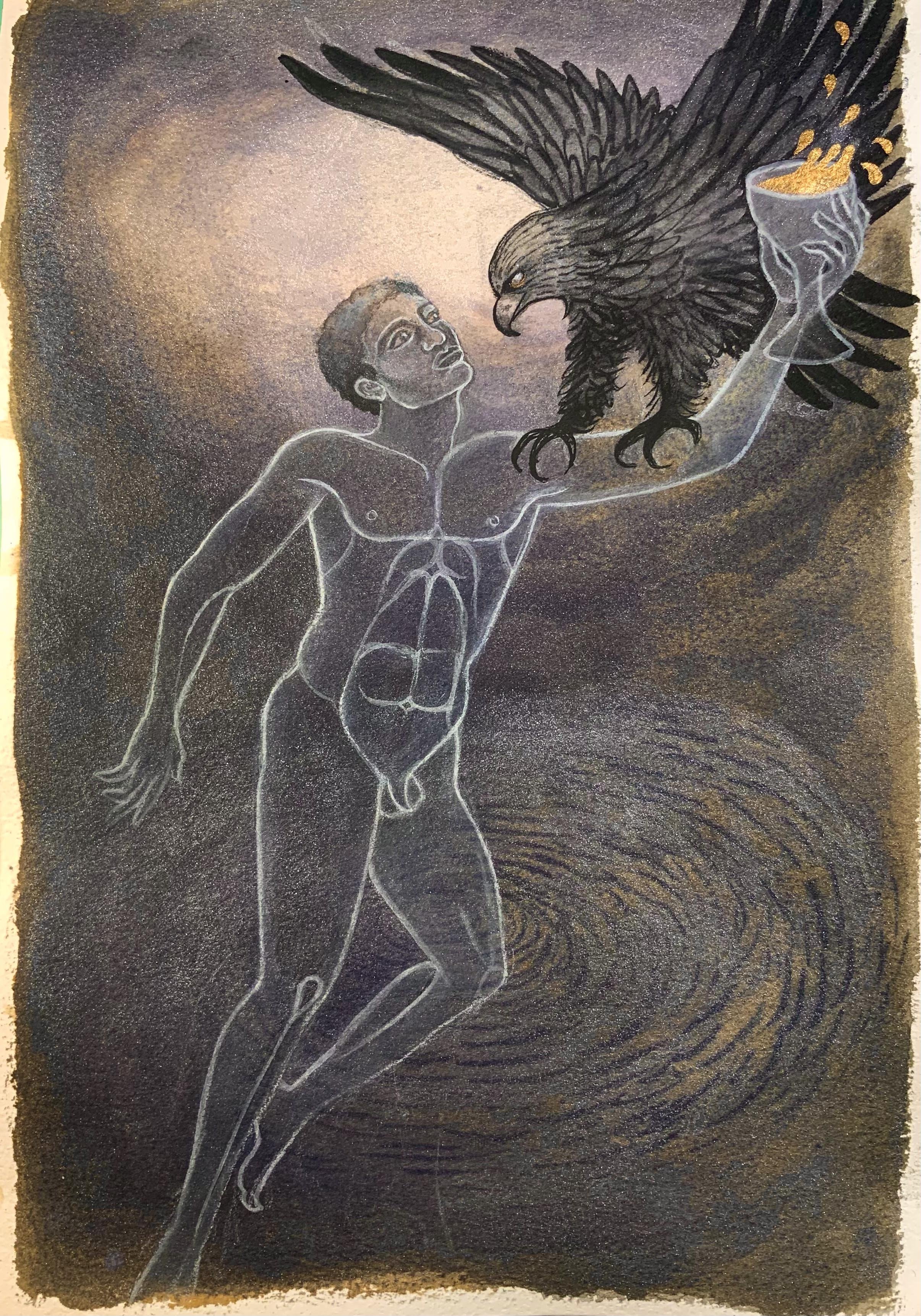   Ganymede &amp; Zeus: Aquarius Full Moon ,  2021  Gouache and iridescent watercolour on paper  21  x 29 cm 