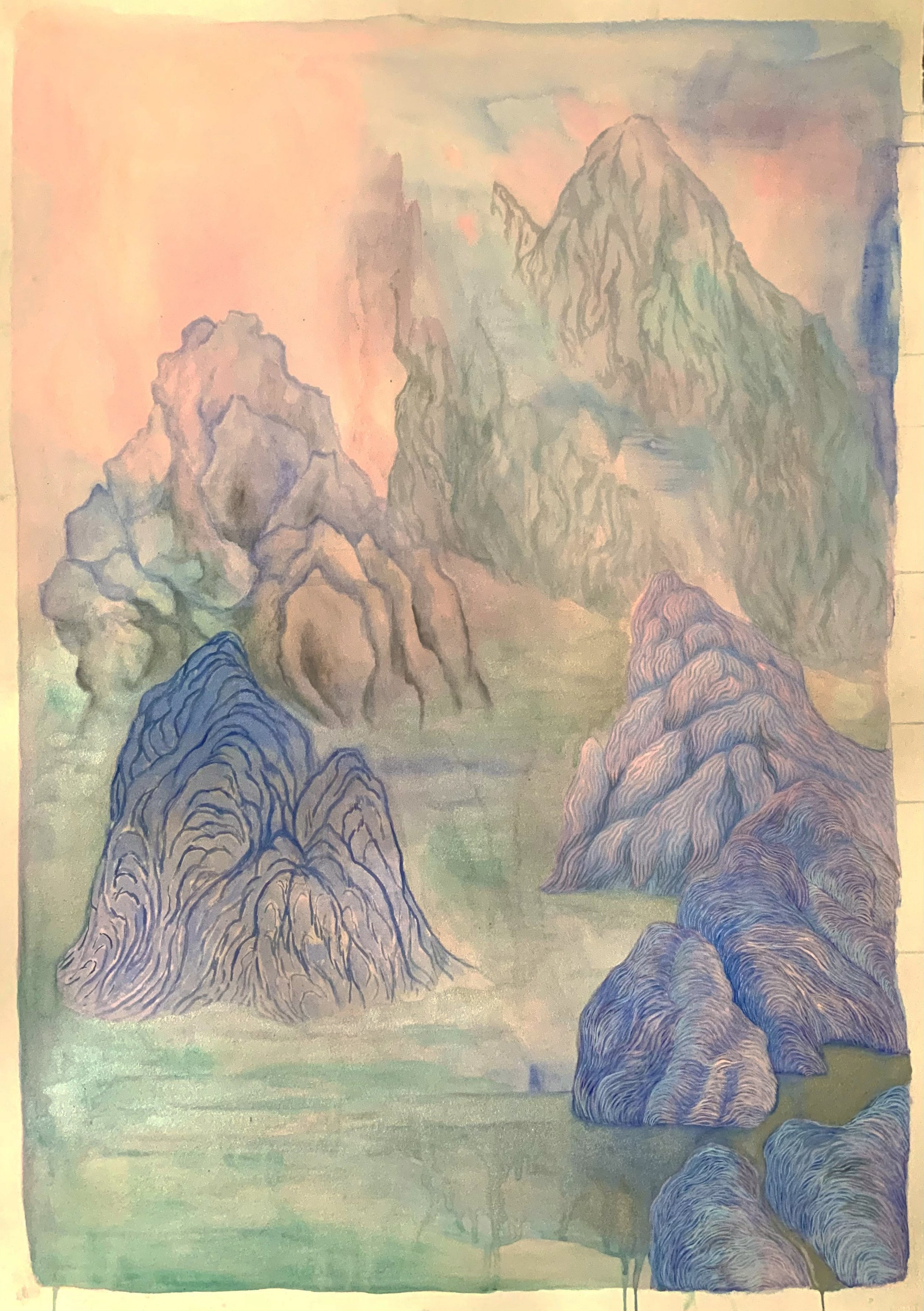   Mountainous dreamscape , 2020  Gouache and iridescent watercolour on paper  105 x 74 cm 