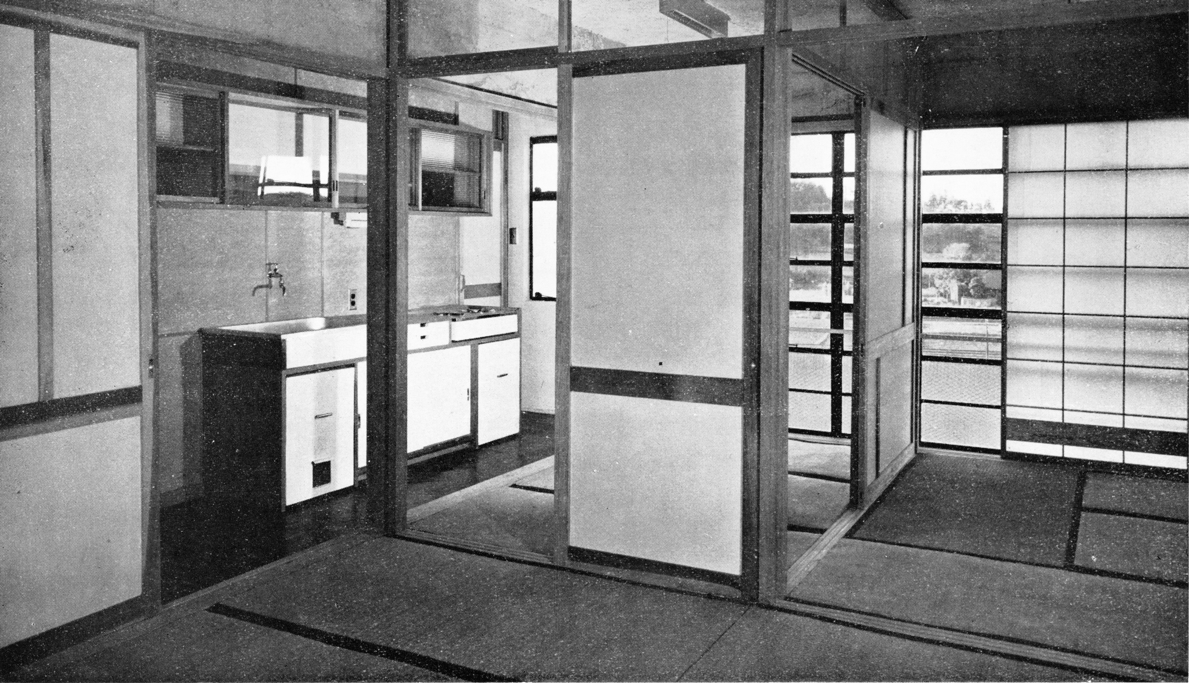 (Japan Architect 1956-57 , pg. 30, photos Y. Ishimoto ) Kitchen core and living area