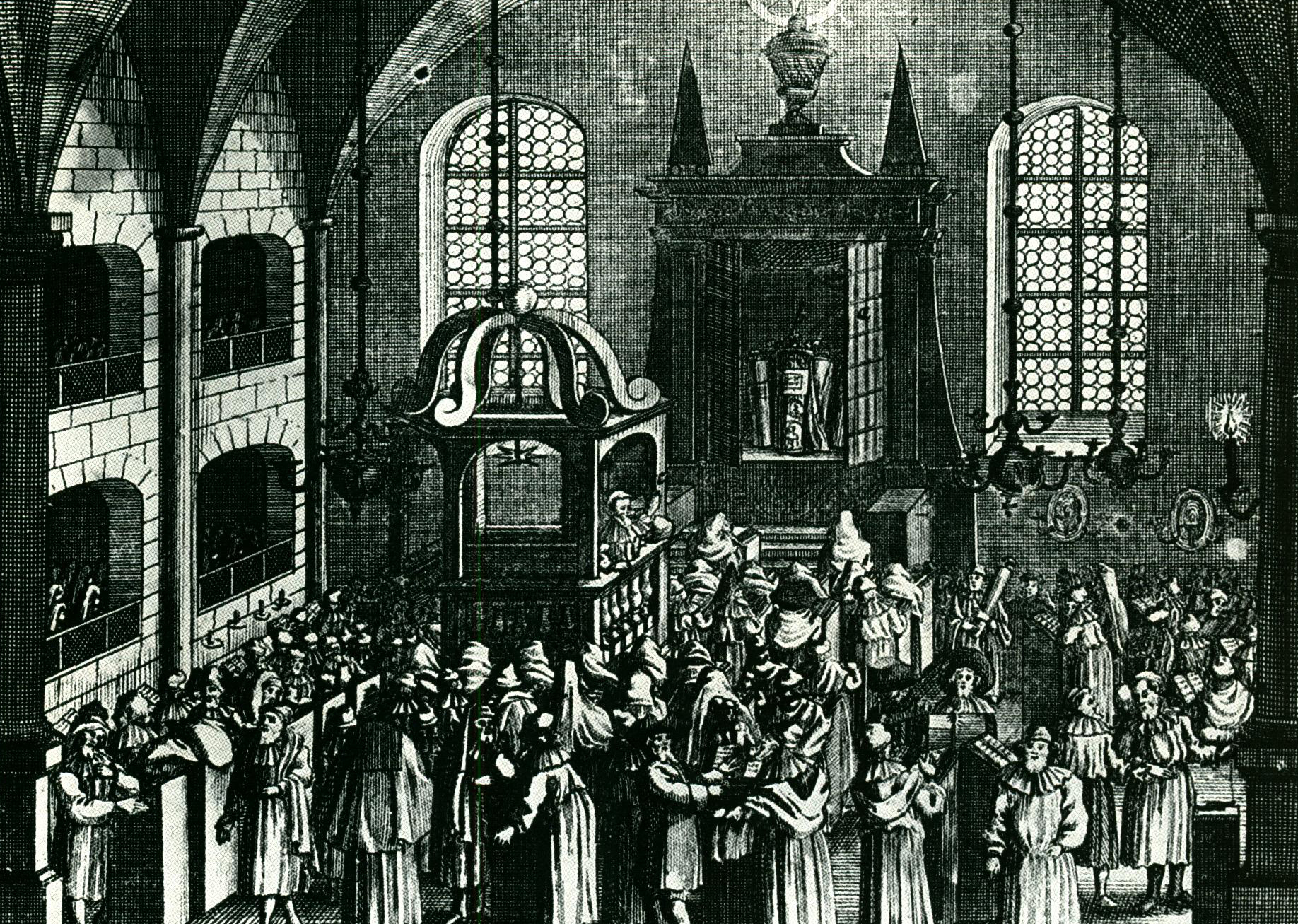 (Story of the Synagogue, pg 52) A medieval synagogue and communal hub; womens' galleries on left