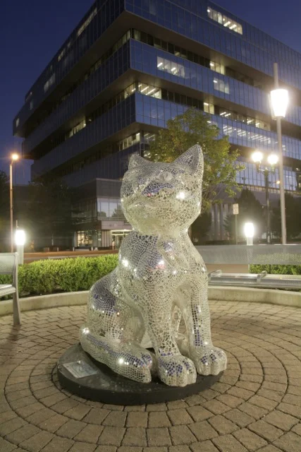 "InCatdescent Zeus" Handcut glass mirror mosaic by Shelita Birchett Benash. Stamford Downtown Art in Public Places, 2010.
