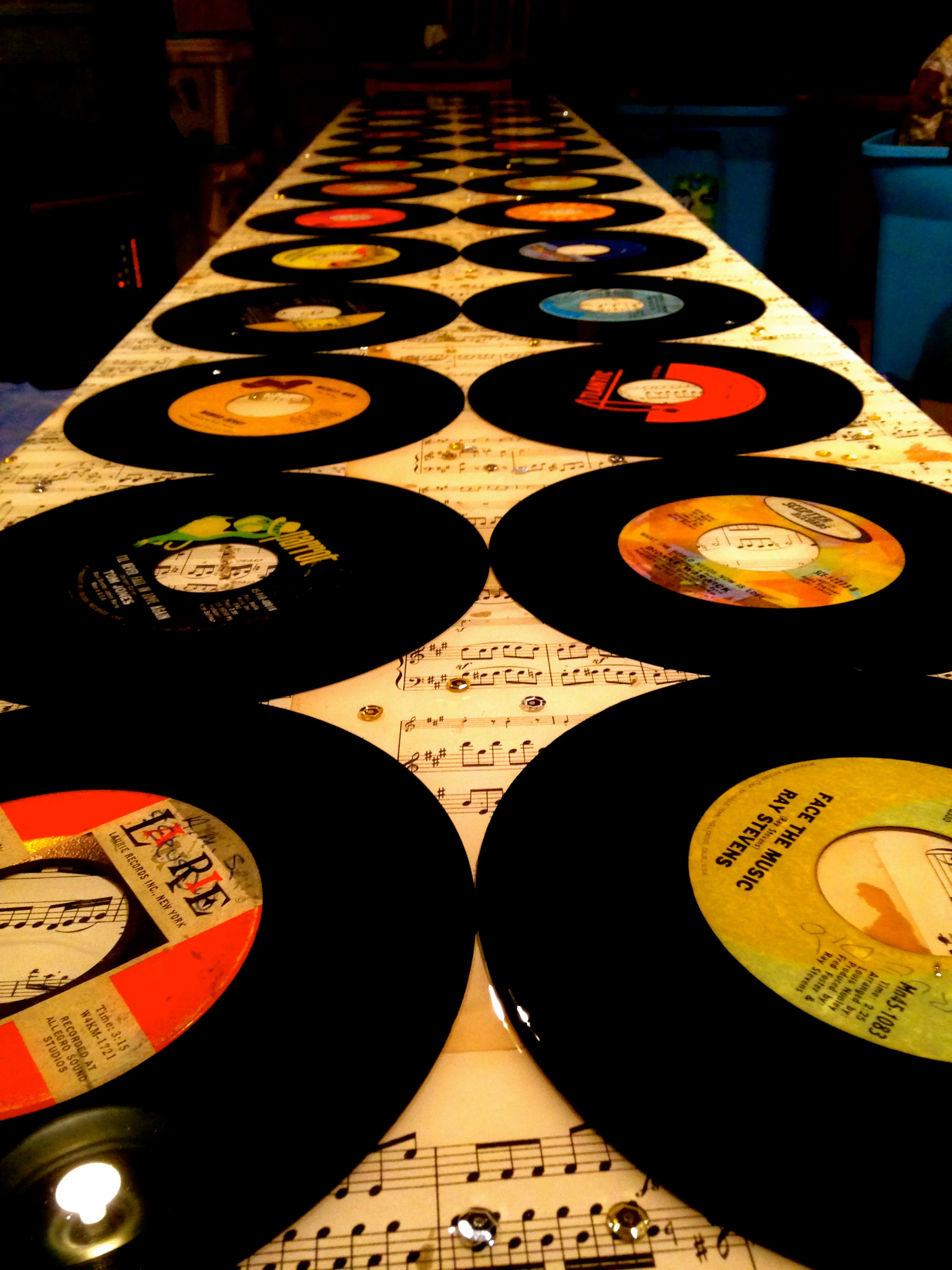 "Salvaged Sheet Music and Record Bench"