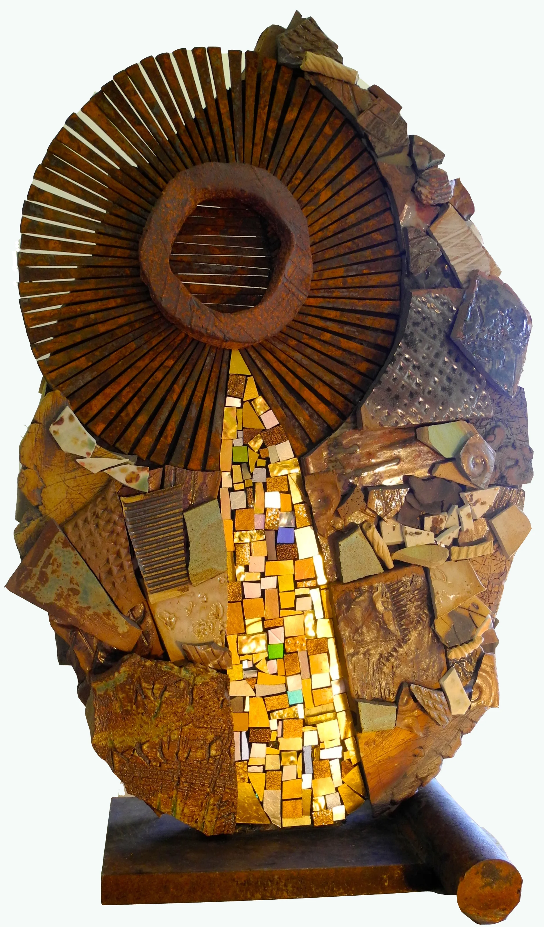 Handmade stoneware and porcelain ceramic tile, slate, 24 KT smalti, salvaged steel on welded salvaged steel substrate. 2014. 60LB. Side A. 21"H x 14"W x 9"D.