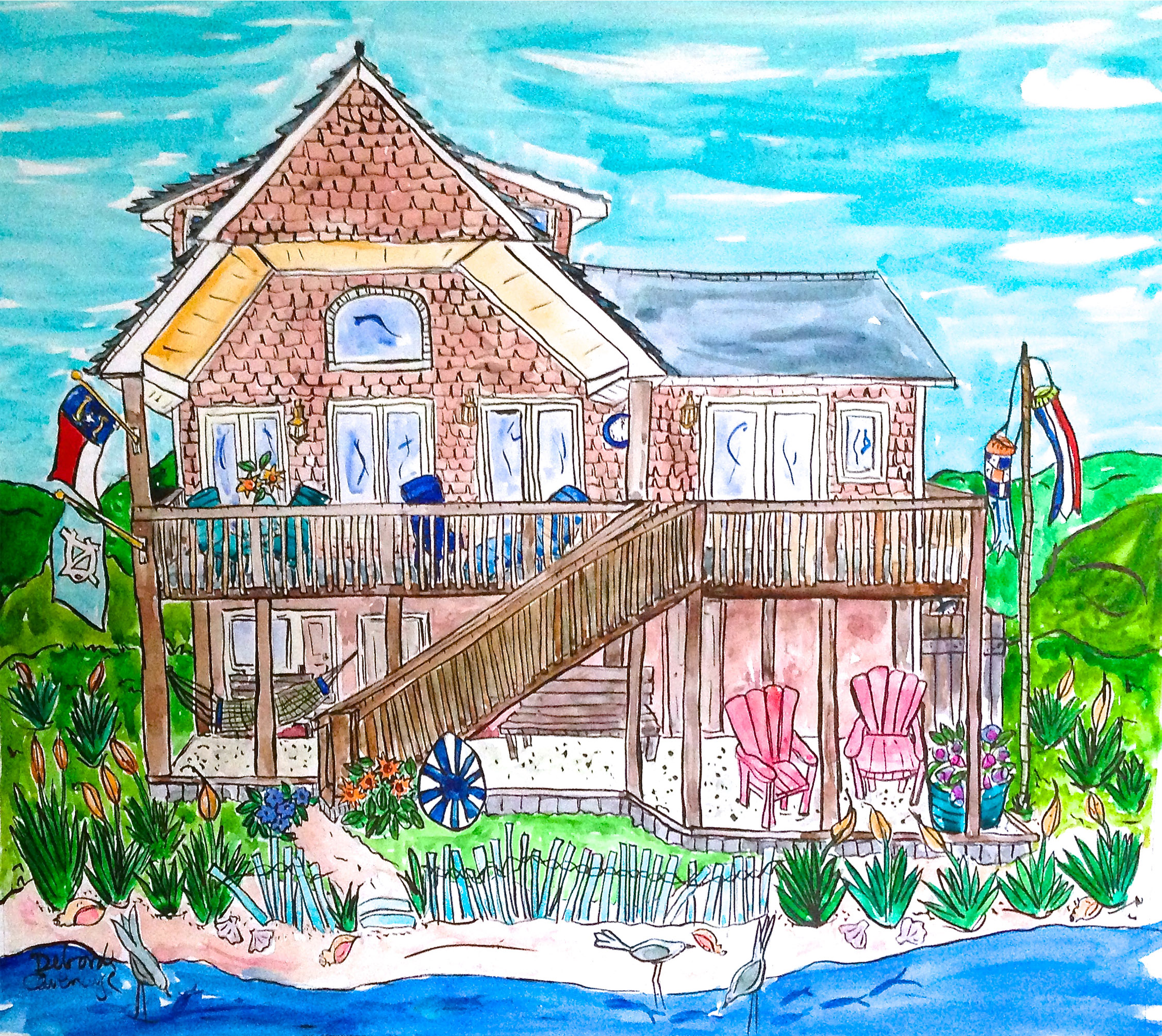 prompthunt: imaginative drawing of a beach house, black ink outline, cel -  shading, water color
