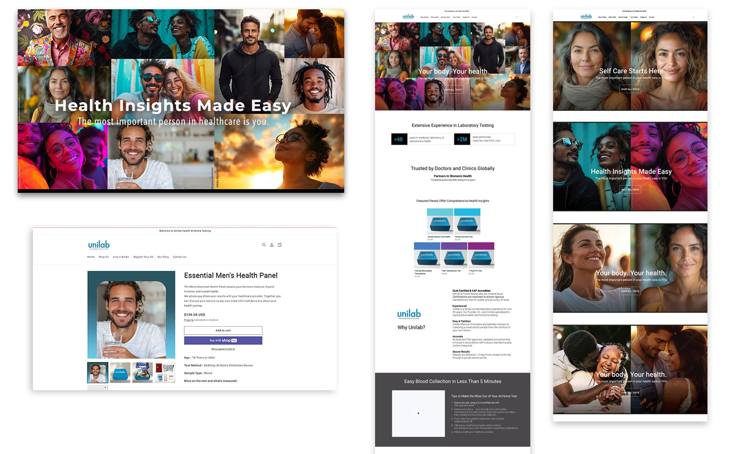  Complete e-commerce brand and site design for Unilab diagnostic laboratory's Shopify platform. Designed full website including landing page, product pages, about page, and registration flow with custom visual assets and mockups. 